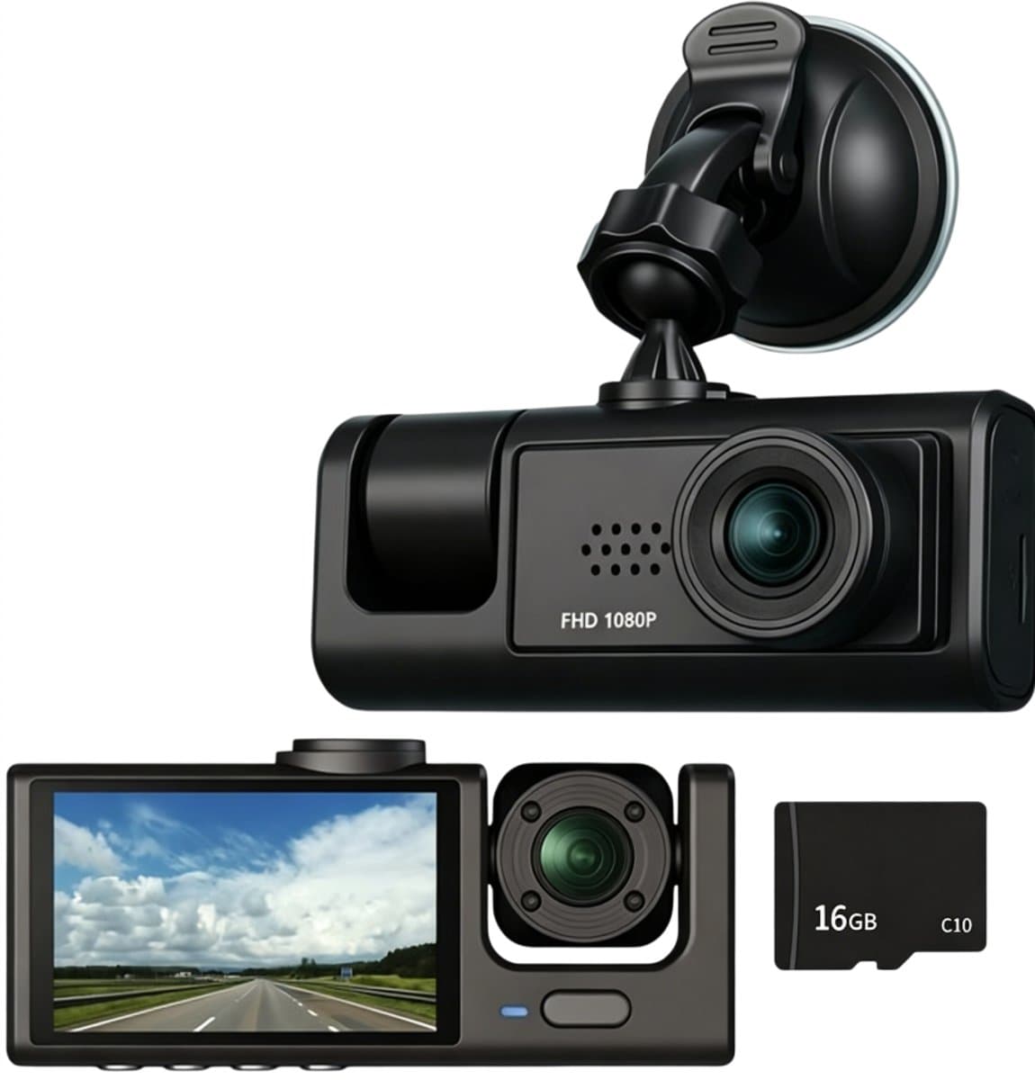 Driecamera-dashcam - WiFi - 170° groothoek - drie camera's (voor, binnen en achter) - Full HD - 2-inch scherm - nachtzicht en botsingsdetectie - cyclische opname - achteruitrijbeeld - inclusief 16 GB SD-kaart — afbeelding 1