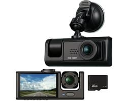 Driecamera-dashcam - WiFi - 170° groothoek - drie camera's (voor, binnen en achter) - Full HD - 2-inch scherm - nachtzicht en botsingsdetectie - cyclische opname - achteruitrijbeeld - inclusief 16 GB SD-kaart