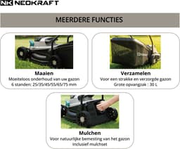 Neokraft - 20V Accu grasmaaier - 33cm maaibreedte - Brushless motor - 5 instelbare maaihoogtes - Incl 30L opvangzak - Incl. 20V 4,0Ah accu & lader — thumbnail 2