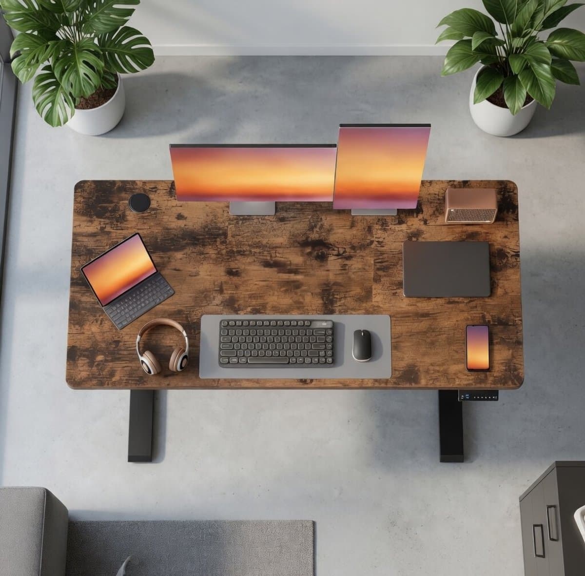 In hoogte verstelbaar bureau, statafel, computertafel, herinnering bij lang zitten, geheugenfunctie met 4 hoogtes, voor kantoor, 120 x 60 cm, vintage bruin LSD312KD03-Mobili Bella — afbeelding 1