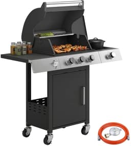 Gasbarbecue - Gasbarbecue en grill - 3+1 Branders - 10,5 kW - Grillwagen - Barbecuewagen - met Grillrooster, Wielen, Bijzettafels, Thermometer, Opvangbak en Warmhoudplaten - 109 x 50 x 109 cm - Zwart — thumbnail 1