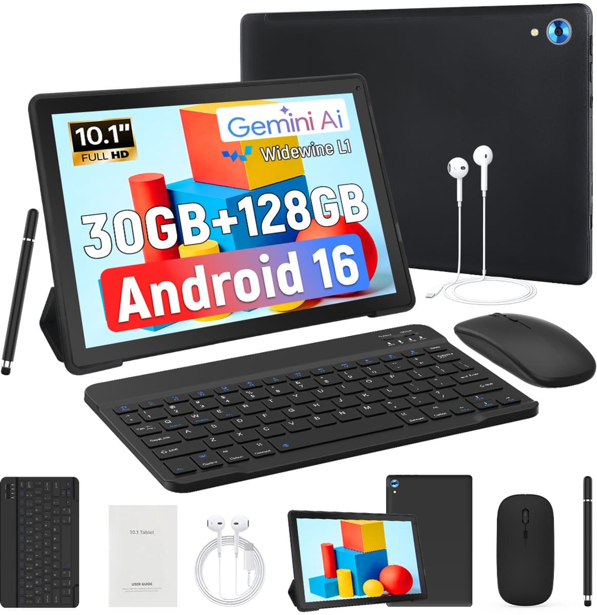 Hotlight 10.1 Kindertablet - Android 16 tablet - 6+24GB RAM- 128GB ROM - Gemini AI- Met Toetsenbord, Muis, Oordopjes & Bescherming – Zwart — afbeelding 1