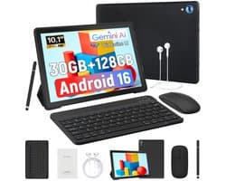 Hotlight 10.1 Kindertablet - Android 16 tablet - 6+24GB RAM- 128GB ROM - Gemini AI- Met Toetsenbord, Muis, Oordopjes & Bescherming – Zwart