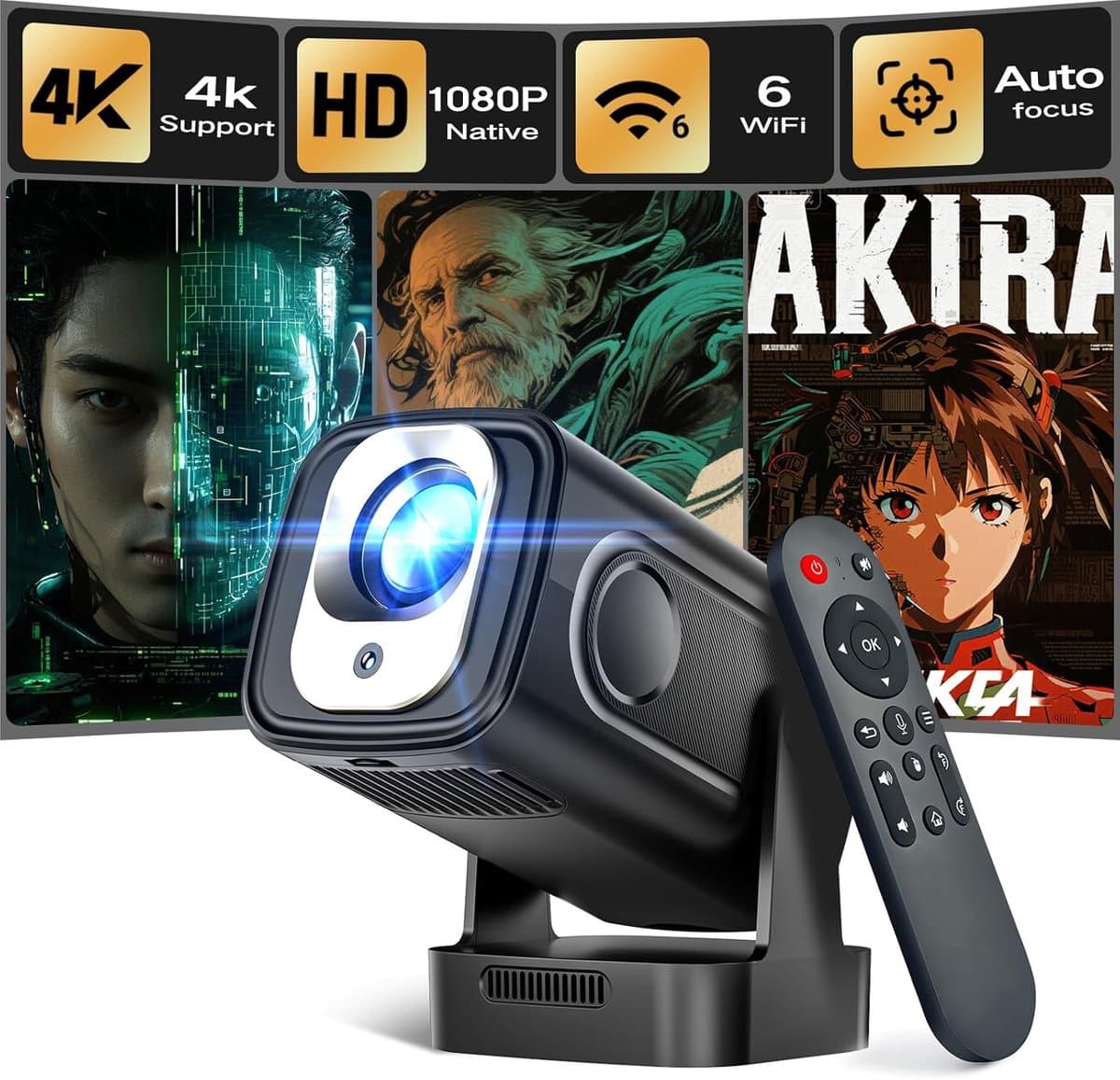 Mini Beamer 4K Ondersteuning – Native 1080P Projector met Android TV, Autofocus & Keystone, WiFi 6 & Bluetooth 5.4, Draagbaar met 180° Rotatie en Speaker — afbeelding 1