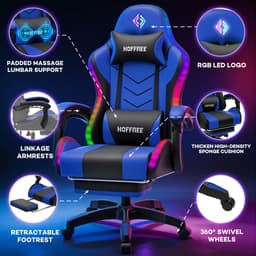 Hoffree RGB LED Gamingstoel met Bluetooth Speaker – Ergonomische Bureaustoel met Massagefunctie, Voetsteun & 180° Verstelbare Rugleuning – Comfortabele Computerstoel voor Gamers & Thuiswerkers – Blauw — thumbnail 5