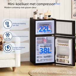Mini Koelkast 60L – Met Vriesvak – Glazen Deur – LED Verlichting – Voor Kantoor, Slaapkamer of Studentenwoning – 42,5x44,5x87,5cm – 1 Stuk – Zwart — thumbnail 4