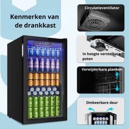 Novendo Goods - Drankenkoelkast 90L met glazen deur - Minibar voor 126 blikjes met LED en temperatuurregeling - Wijn en bier koelkast - Zwart RVS — thumbnail 5