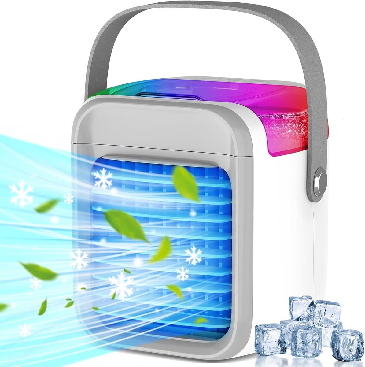Draagbare luchtkoeler, 7 kleuren mini-airconditioner met 3 luchtsnelheden en USB-oplaadpoort, 300 ml 3-in-1 luchtkoeler, draadloze persoonlijke luchtkoeler met handvat voor kamer, kantoor en reizen — afbeelding 1