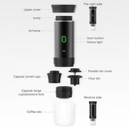 Donkergrijze draadloze koffiemachine voor in de auto, thuis en op reis, 3-in-1 elektrische koffiemachine, geschikt voor capsules of gemalen koffie, mini-koffiemachine met 15 bar druk voor koud en warm koffiezetten, kop met een inhoud van 150 ml. — thumbnail 4