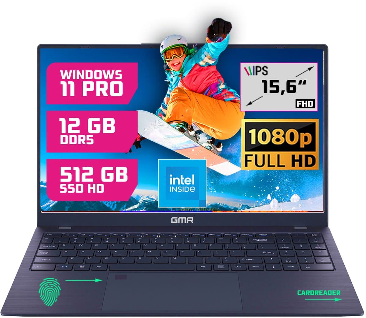 GMR 15.6 Inch Full HD Laptop | Windows 11 Pro | 12GB DDR5 RAM | 512GB SSD | Intel N95 | Vingerafdrukscanner | Direct Klaar voor Gebruik | Voor Thuiswerk, Studie, School, Internet, Teams, Zoom & Kantoor — afbeelding 1