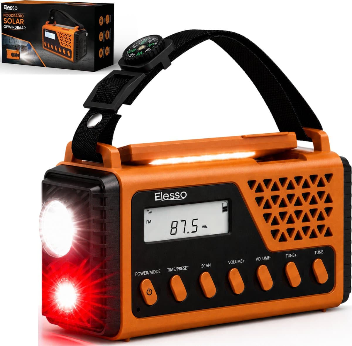 Elesso® Noodradio Solar Opwindbaar Draagbare Radio - Noodpakket - Powerbank Op Batterijen - Survival - Zaklamp – Zonneenergie - Bouwradio - Bluetooth – 8000 mAh — afbeelding 1