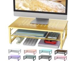 Metalen Monitor Stand - Bureau Organizer - Bureau Opruimen - Dubbellaags Ontwerp - 368 x 254 x 14 cm - Goud