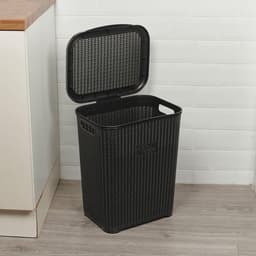 Wasmand met deksel - Vuilnisbak kleding - Kleding opbergen - Rotan geweven patroon - 45 Liter - Zwart — thumbnail 3