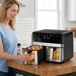 9.4L Airfryer met 2 Kamers & Kijkvenster – Dubbele Heteluchtfriteuse 8-in-1 – Touchscreen & Antiaanbak Mandjes — thumbnail 5
