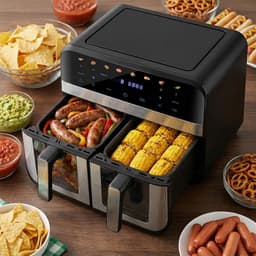 9.4L Airfryer met 2 Kamers & Kijkvenster – Dubbele Heteluchtfriteuse 8-in-1 – Touchscreen & Antiaanbak Mandjes — thumbnail 11