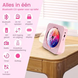 Discman - Walkman - Draagbare CD Speler met Bluetooth - Ingebouwde Speaker - Inclusief Afstandsbediening - Radio - Timer - Roze — thumbnail 2
