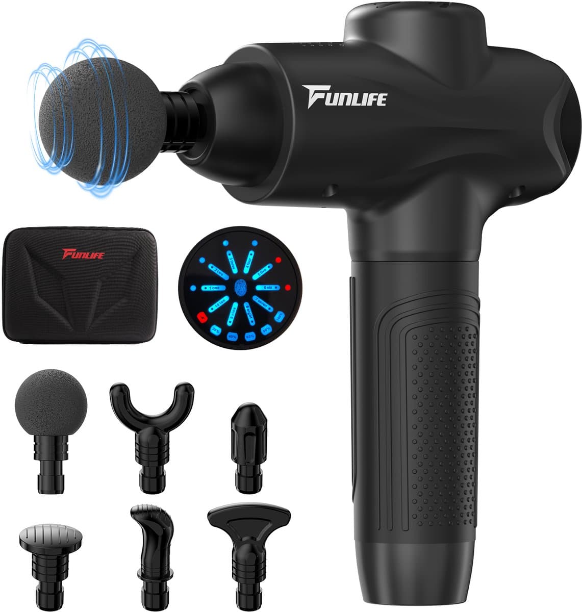 FunLife M6 Massagepistool Zwart - Massage Gun 3200 rpm - 6 Snelheden - 6 Massagekoppen - USB-C Oplaadbaar - Draadloos voor Nek, Rug en Benen — afbeelding 1