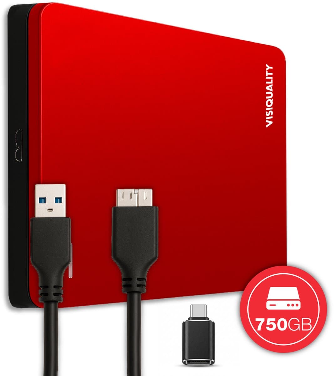 VisiQuality High-Speed Externe Harde Schijf 750 GB - Draagbare Harde Schijf USB 3.0 - Voor Windows & Mac - Xbox & PS4 games - Compact - Rood — afbeelding 1