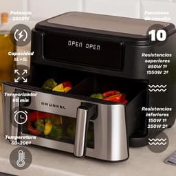 Luchtfriteuse Dubbele Tank - Heteluchtfriteuse Airfryer - Gezinsmaaltijden Bereiden - Onafhankelijke Mand Bediening - 9 Liter Capaciteit - Zwart en Zilver — thumbnail 4