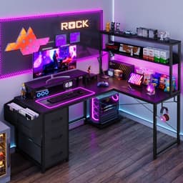 Gaming Bureau met LED Verlichting - 148x100x148 cm - L-Vormig Hoekbureau met Stopcontact - 3 Non Woven Lade - Gaming Desk - Computer Tafel - Gaming Tafel - met Opbergplanken, Tas & IJzeren Haak - Zwart - Bureau voor Gamen, Studeren en Werken — thumbnail 4