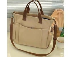 Canvas Schoudertas Khaki Dames – Grote Capaciteit Tote – Laptop 14 inch – Casual Schooltas & Werktas