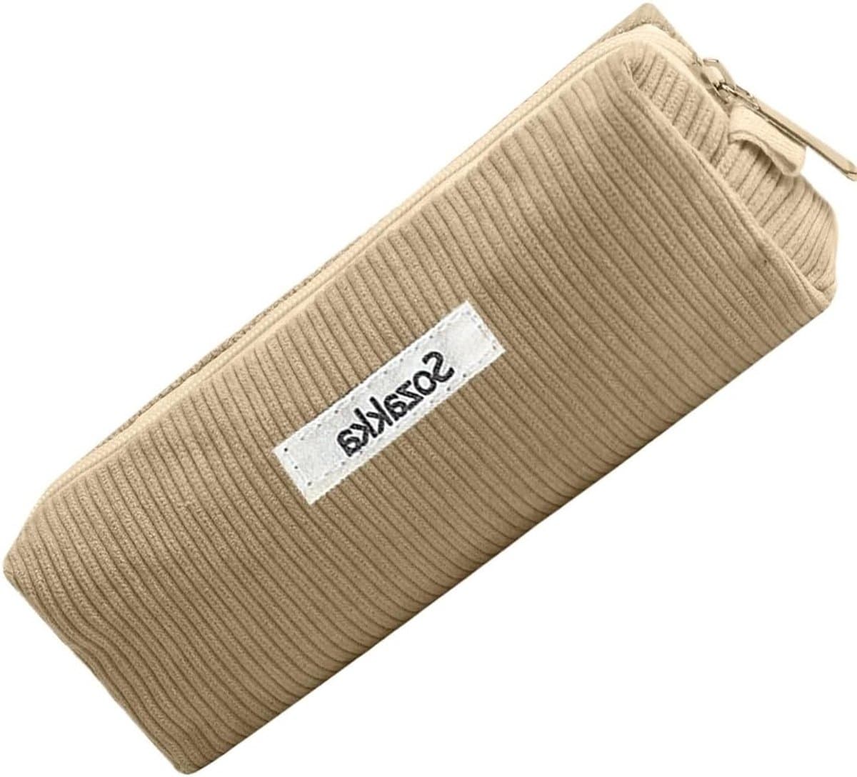 Ribbenstof Pennenzak voor Meisjes en Tieners, Praktische Rits, Pennenhouder, Ideaal voor School, Kantoor en Reizen, Roze (Beige) — afbeelding 1