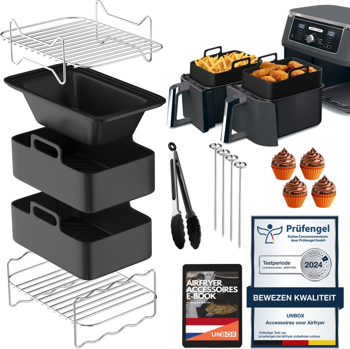 UNBOX Airfryer Accessoires - Geschikt voor Dual Airfryers - Ninja Foodi AF300 AF400 AF451 - Dubbele Airfryer - Inclusief Airfryer Siliconen Bakje & E-Book — afbeelding 1