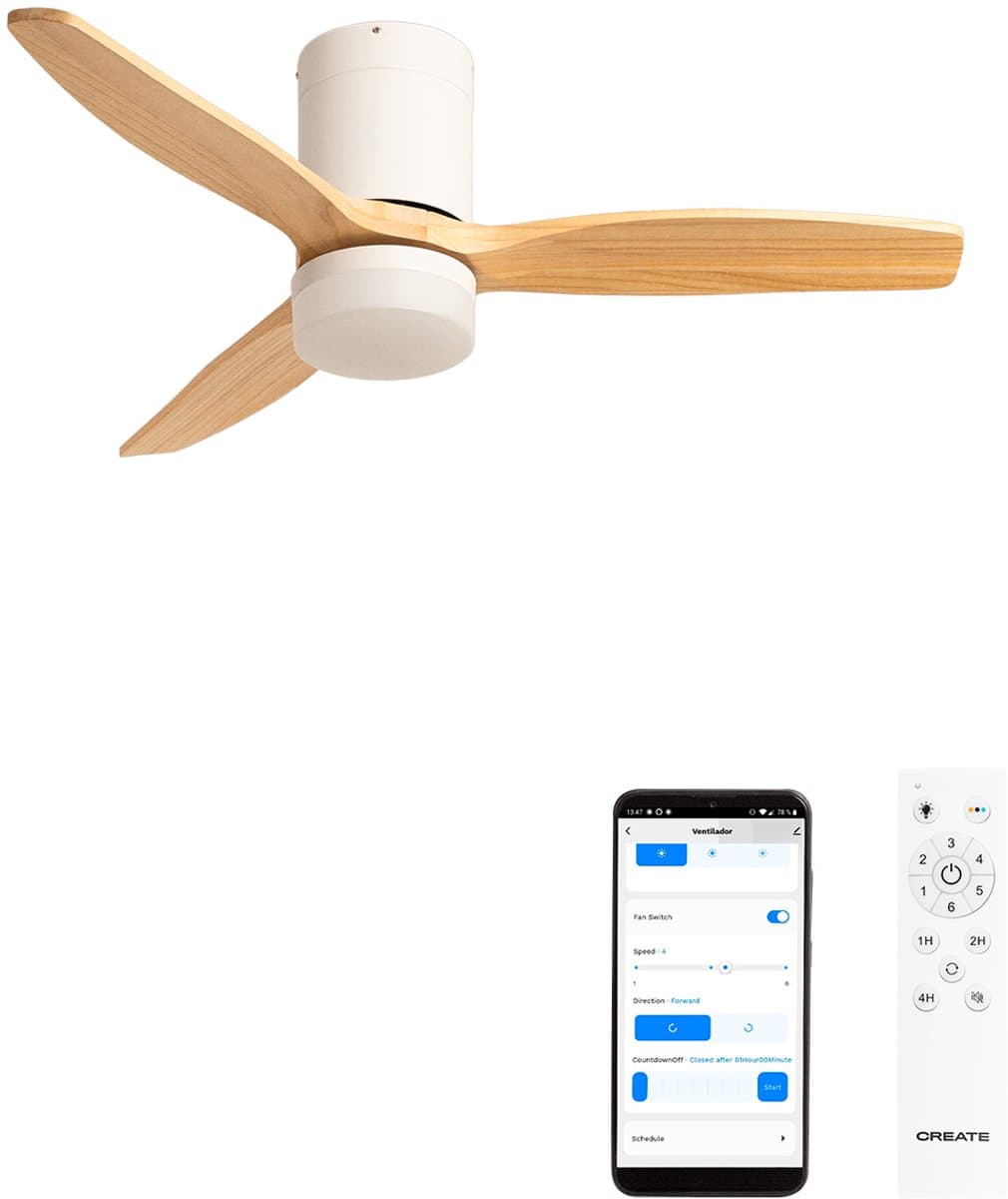 CREATE - Stille 40W plafondventilator met technische ABS bladen (Ø112cm) (ruimtes ≤10m²) - Wit/Licht houtlook - Met licht - WIFI + Afstandsbediening - WIND CALM — afbeelding 1