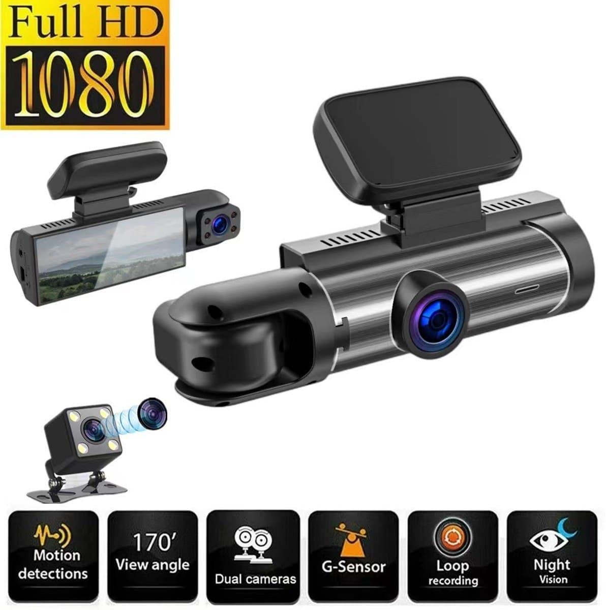 Dashcam voor auto - Inclusief WIFI & APP - Dubbele lens rijrecorder - Bewegingsdetectie en parkeermodus - G-sensor - Full HD - 170° groothoeklens - Loop-opname - Micro SD-kaart 32 GB — afbeelding 1