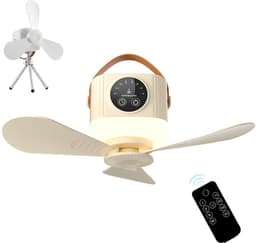 Campingventilator - Draagbare campingventilator - Ventilator - Met verlichting en afstandsbediening- Met 4 snelheidsstanden en timerfunctie 3 standen nachtlampje - Meerdere plaatsingsmethoden met statief - voor luifel strand camper - Beige — thumbnail 1