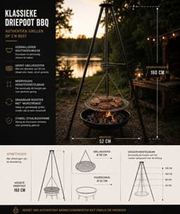 Muntel® BBQ Tripod - Driepoot - Inclusief Rooster voor Vuurkorf / Vuurschaal - 160 x 50 cm — thumbnail 3