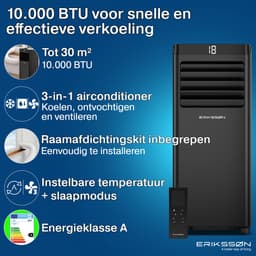 Erikssøn Mobiele Airco - 10.000 BTU - Incl. Raamafdichtingskit - Tot 30m² - 4-in-1 - Airconditioning - Ventilator - Ontvochtiger - Zwart — thumbnail 3
