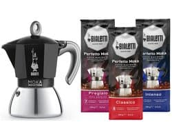 Bialetti Moka Inductie Zwart - 4-kops - 150ml + Bialetti Koffie Proefpakket 3 x 250gr