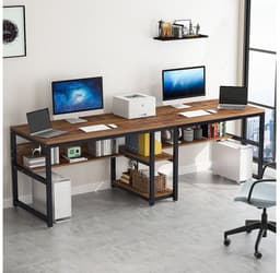 Van Elmont Bureau - Dubbel Lang Bureau voor twee personen met opbergruimte - Computerbureau - Computertafel - Metaal / Hout - Industrieel Design - Bureautafel voor Thuiskantoor - Bruin - 60 x 200 x 75 cm - voor Gamen - Studeren en Werken — thumbnail 5