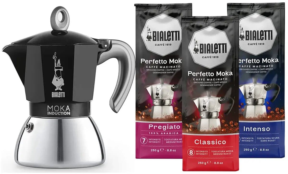 Bialetti Moka Inductie Zwart - 2-kops - 100ml + Bialetti Koffie Proefpakket 3 x 250gr — afbeelding 1