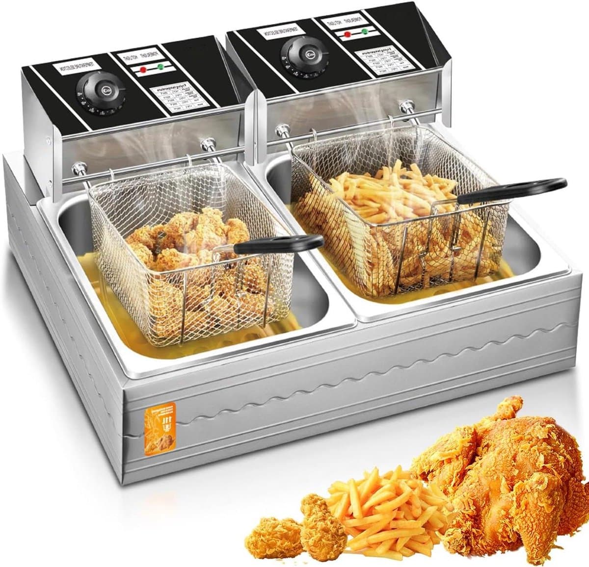 Elektrische friteuse van 5,5 l/11 l, gemakkelijk schoon te maken, commerciële friteuse van 2500 W met temperatuurregeling van 50-220 ° C, roestvrijstalen oliefriteuse voor frites 5.5+5.5L — afbeelding 1