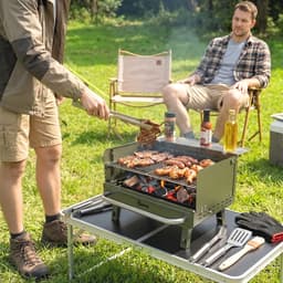 Opvouwbare Houtskoolbarbecue - Draagbare BBQ Met Verstelbaar Grillrooster En Zijtafel - Groen - RVS Camping Grill — thumbnail 1