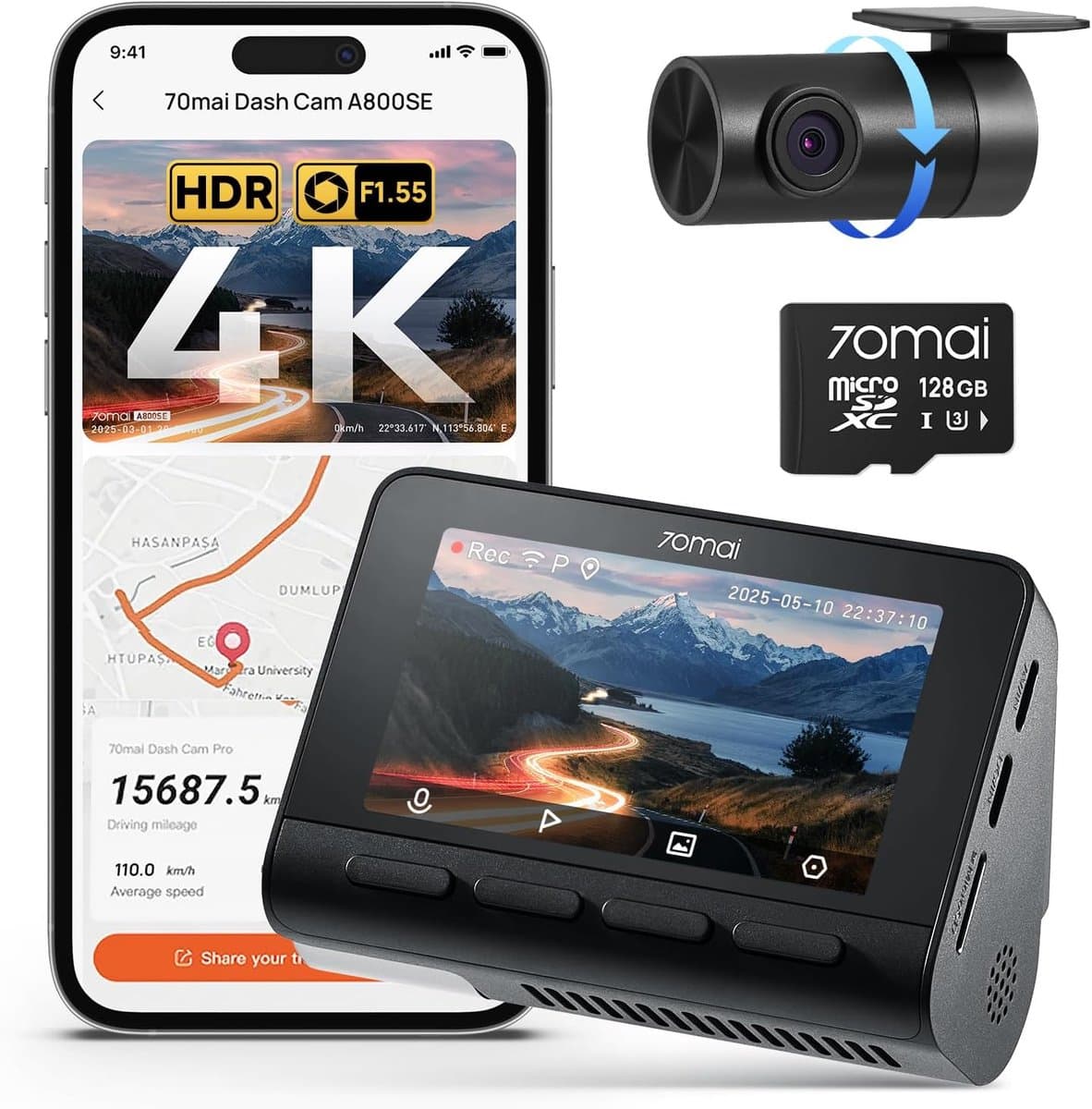 Dashcam auto 4K - voor- en achtercamera - GPS, WiFi, nachtzicht en 128GB SD-kaart — afbeelding 1