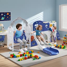 7-in-1 kinderglijbaan voor peuters, multifunctionele speelset met schommel, glijbaan, basketbalmand, tunnel, opbergruimte, klimladder, gereedschapsvrije montage, vrijstaande glijbaan, speelgoed — thumbnail 3
