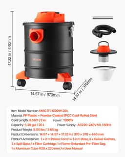VEVOR Asstofzuiger 1200W Draagbare Haardstofzuiger 20L Stalen Tank Zwart/Oranje, Stofzuiger met Blaasfunctie voor Haarden, Pelletkachels, Grills & Vuurkorven, Dubbel Filtersysteem, met Wielen en 1,2 m Slang — thumbnail 3