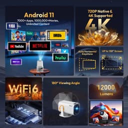 Chelsey-store - Projector 300 ANSI 4K Mini Beamer - Projectiegrootte van 101,6 - 304,8 - Ideaal voor Thuisbioscoop - Compact Design - HDMI en USB Poorten - 4K Mini Beamer met Android 11 - Wit/Zwart — thumbnail 5