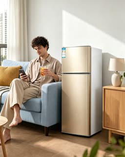 Deze compacte minikoelkast met dubbele deur en vriesvak heeft een inhoud van 43 liter en is ruimtebesparend waardoor hij geschikt is voor slaapkamers woonkamers keukens kantoren en studentenkamers Afmetingen 67*39*35,5 cm Goud — thumbnail 1
