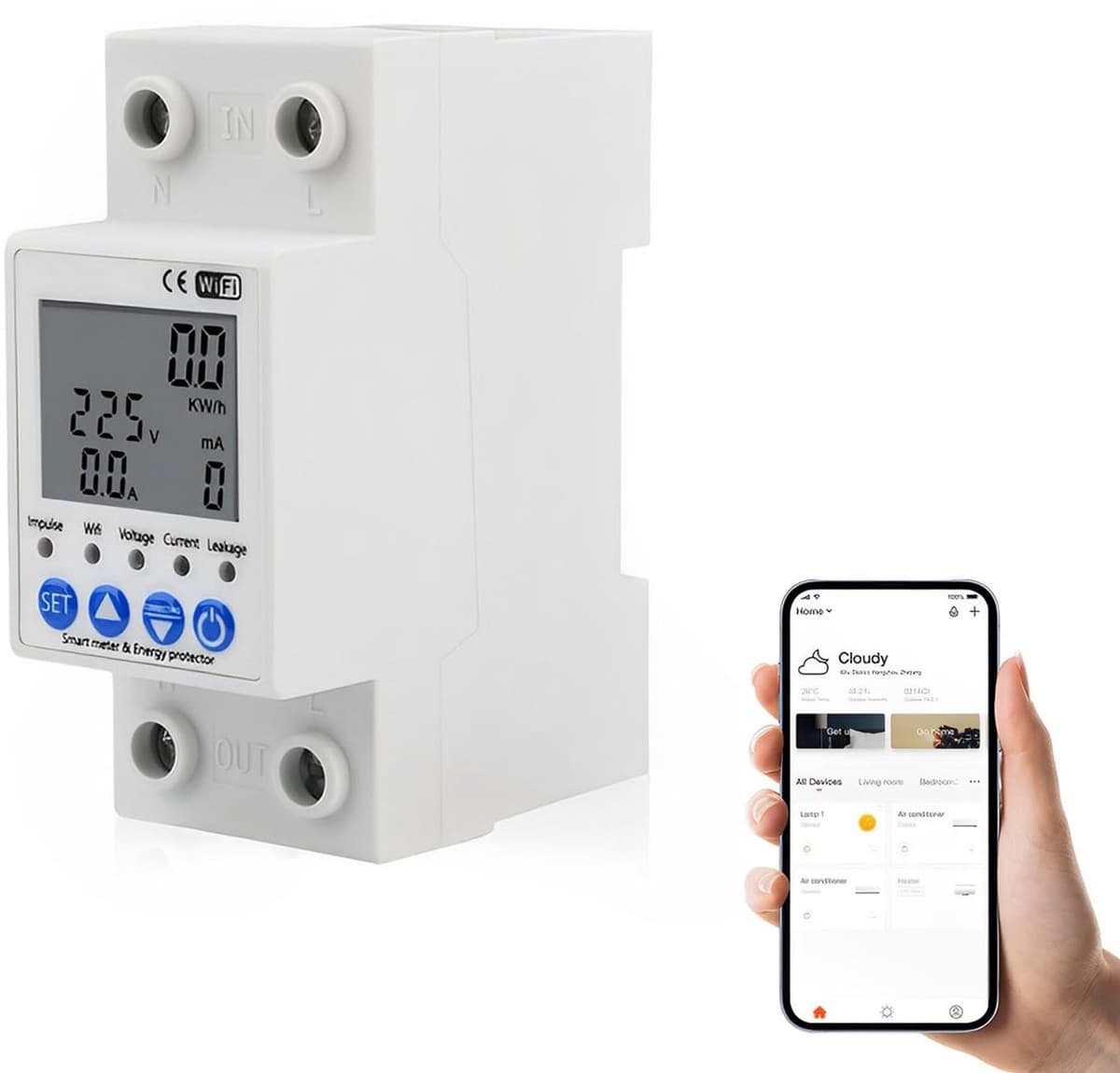 Eenfasige Elektrische Meter,Slimme Energiemeter,KWh Meter,90-230V WiFi DIN-rail Elektrische Energiemeter,Digitale Energieverbruiksmonitor met / App — afbeelding 1