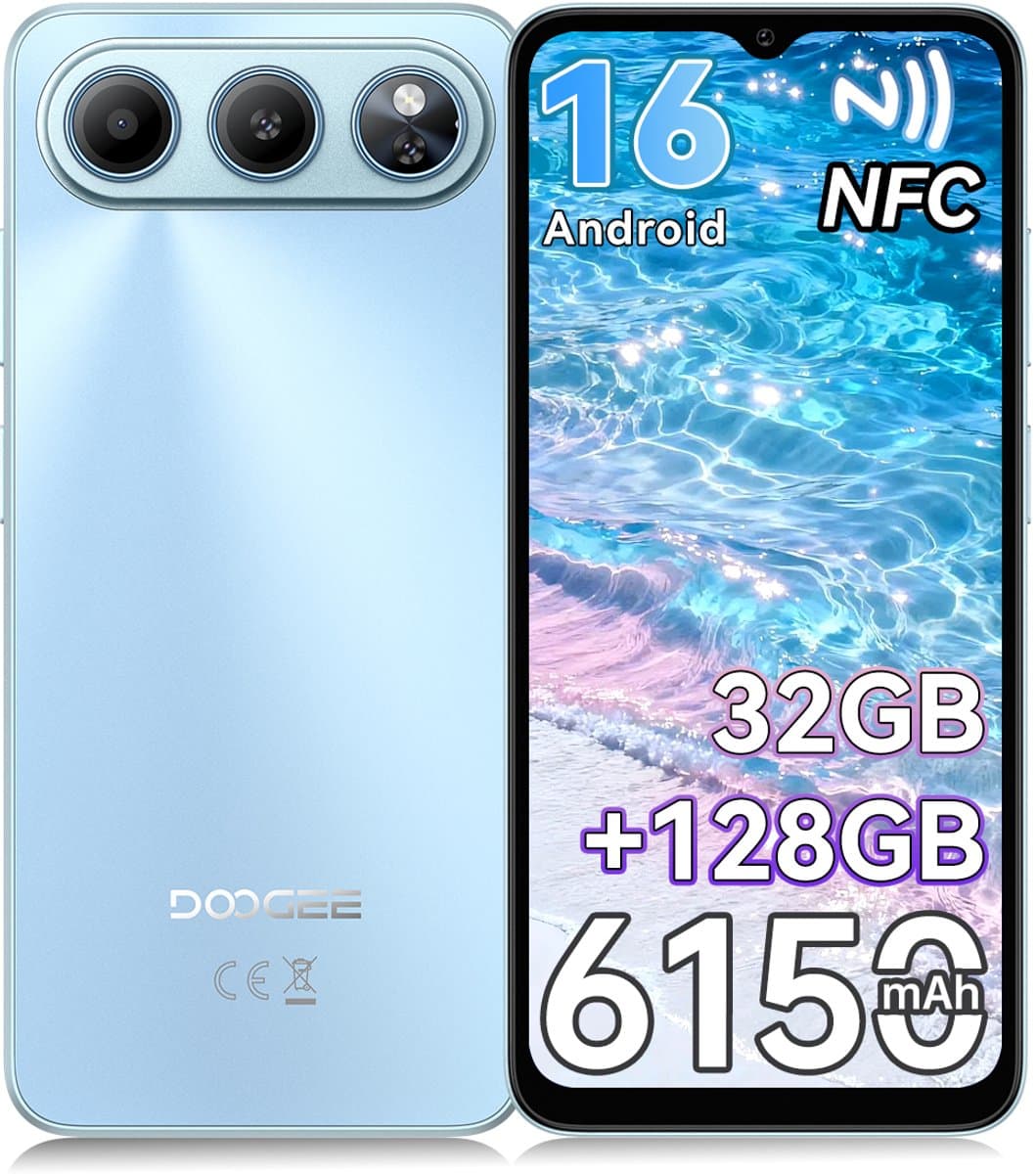 DOOGEE Note 60 Smartphone - 6,56" - Android 16 - 32GB(3+29) RAM - 128GB ROM - 6150 mAh - Lichtgewicht 190 g - 3,5 mm hoofdtelefoonaansluiting - NFC - GPS - Blauw — afbeelding 1