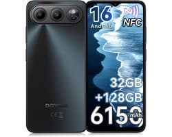 DOOGEE Note 60 Smartphone - 6,56" - Android 16 - 32GB(3+29) RAM - 128GB ROM - 6150 mAh - Lichtgewicht 190 g - 3,5 mm hoofdtelefoonaansluiting - NFC - GPS - Zwart
