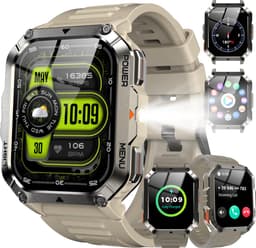 Robuuste Outdoor Smartwatch voor Heren – Bellen | Gebeld Worden – Waterdichte Fitnesstracker met Bloeddruk – Hartslag – SpO2 en Slaapmonitoring - Sporthorloge - Tactische Bluetooth Smart Watch voor iOS/Android - Khaki — thumbnail 1
