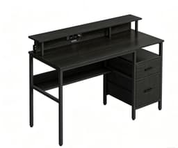 Bureau Computerbureau Zwart 55 x 135 x 90 cm, Bureau met Stopcontacten en USB, Monitorstandaard, LED Verlichting, Opbergruimte, Lades, Gaming Bureau, Thuiswerkplek, Schrijftafel, Metalen Frame, Multifunctioneel, Kantoor, Slaapkamer — thumbnail 1