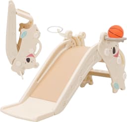 Glijbaan voor binnen en buiten, babyglijbaan voor peuters -2 jaar, 2-in-1 kinderglijbaan met basketbalmand en lange glijbaan, stabiele kunststof glijbaan — thumbnail 1