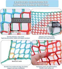 Klimmen Cargo Net Dubbellaags Knooploos Veiligheidsnet Voor Speeltuinen Zware Valbescherming Voor Boomhut, Klimrek, Kinderschommel Hangmat(Size:2 * 3m(7 * 10ft),Color:multicolor) — thumbnail 3