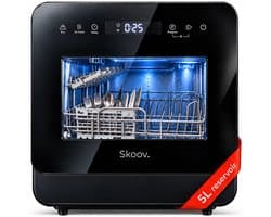 Skoov Vrijstaande mini vaatwasser met waterreservoir - Afwasmachine vrijstaand - Dishwasher - Vaatwas - Met bestekmand - Kleine vaatwasmachine - Smalle - Tafel - Camping - Zwart - Compact - 5 Couverts - 7 wasprogramma’s